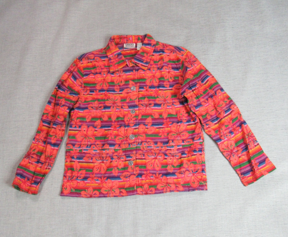 Chicos Jacket Womens Size 1 Orange Floral Woven Boho Button Blazer Beachy Retro